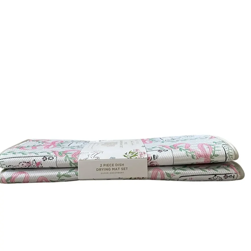 ENVOGUE Kitchen Dish Drying Mat 16x22 Set of 2 Pink Bows & Posh Dogs NEW